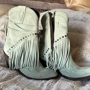 Double D Ranch Mint Fringe Ankle Boots